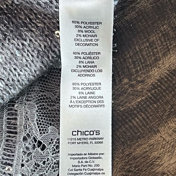 Chicos Sz 2/L Samantha Shine Womens V-Neck Sweater Gray Silver Sequins Lace Hem - Picture 6 of 14
